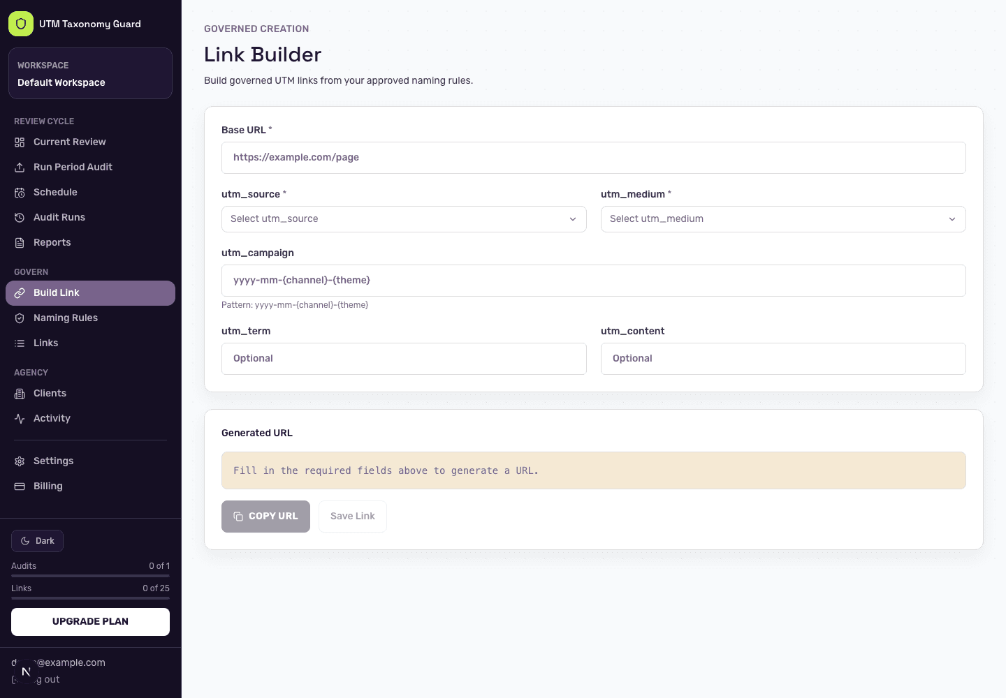 Governed Link Builder — dropdowns locked to approved UTM values